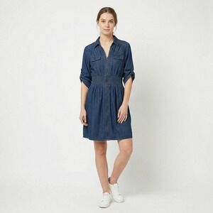 J. Glee Women Dress 3X Blue Denim Zip Front Smocked Waist Roll Tab Sleeve Casual